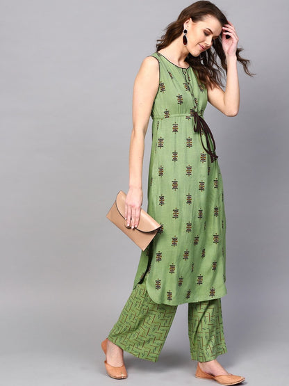 Women's  Green & Brown Printed Kurta with Palazzos