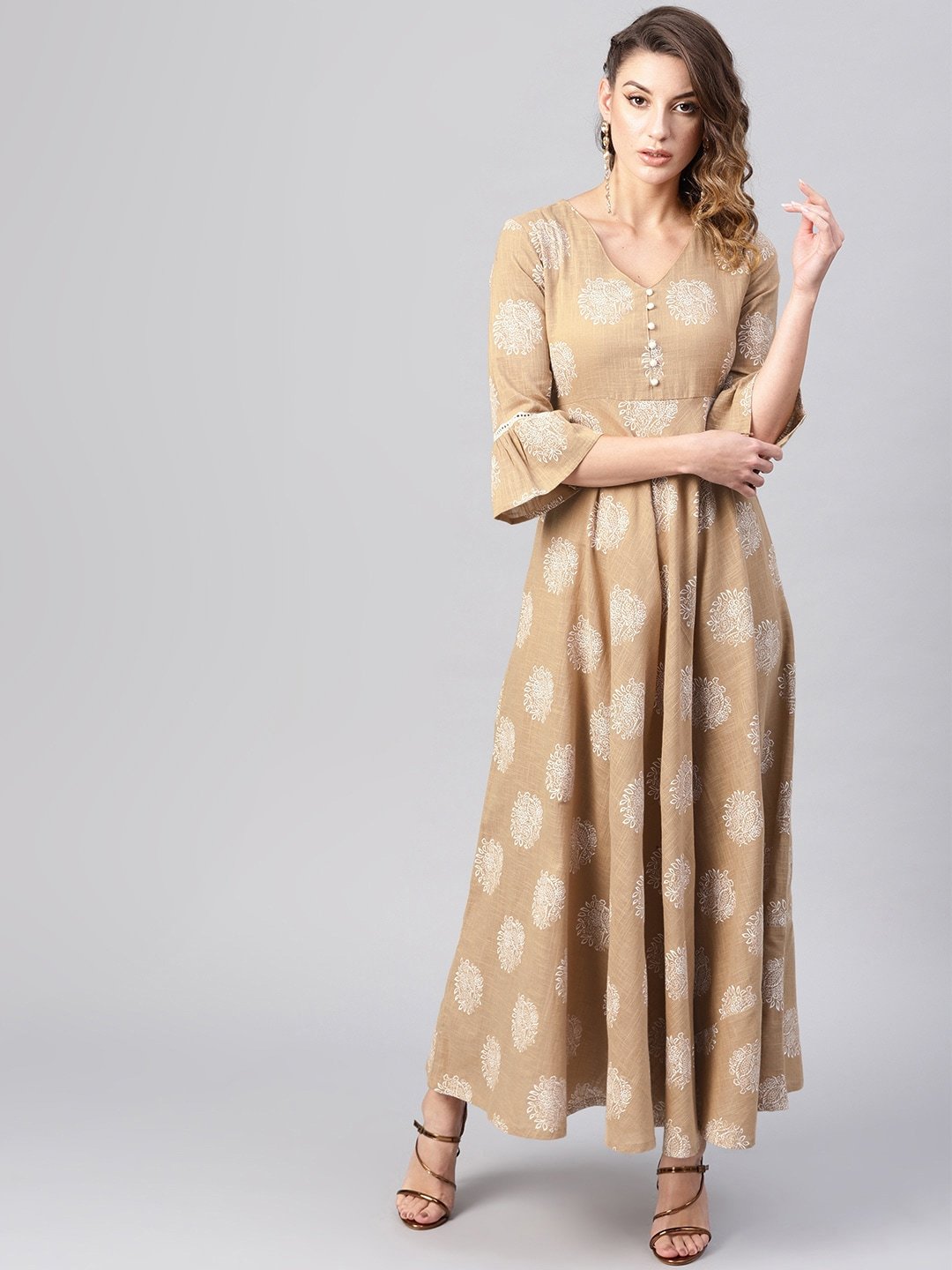 Women's  Beige & White Khari Print Maxi Dress