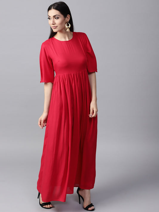 Women's Red Flared Pleated Anarkali