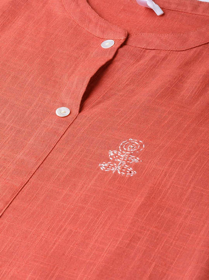 Women's  Rust Orange & Off-White Embroidered Kurta with Palazzos