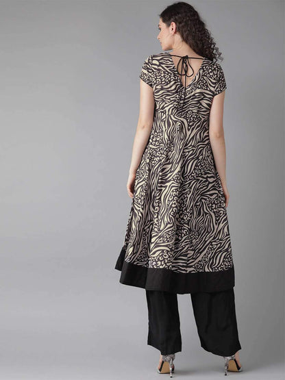Women's  Beige & Black Printed Anarkali Kurta