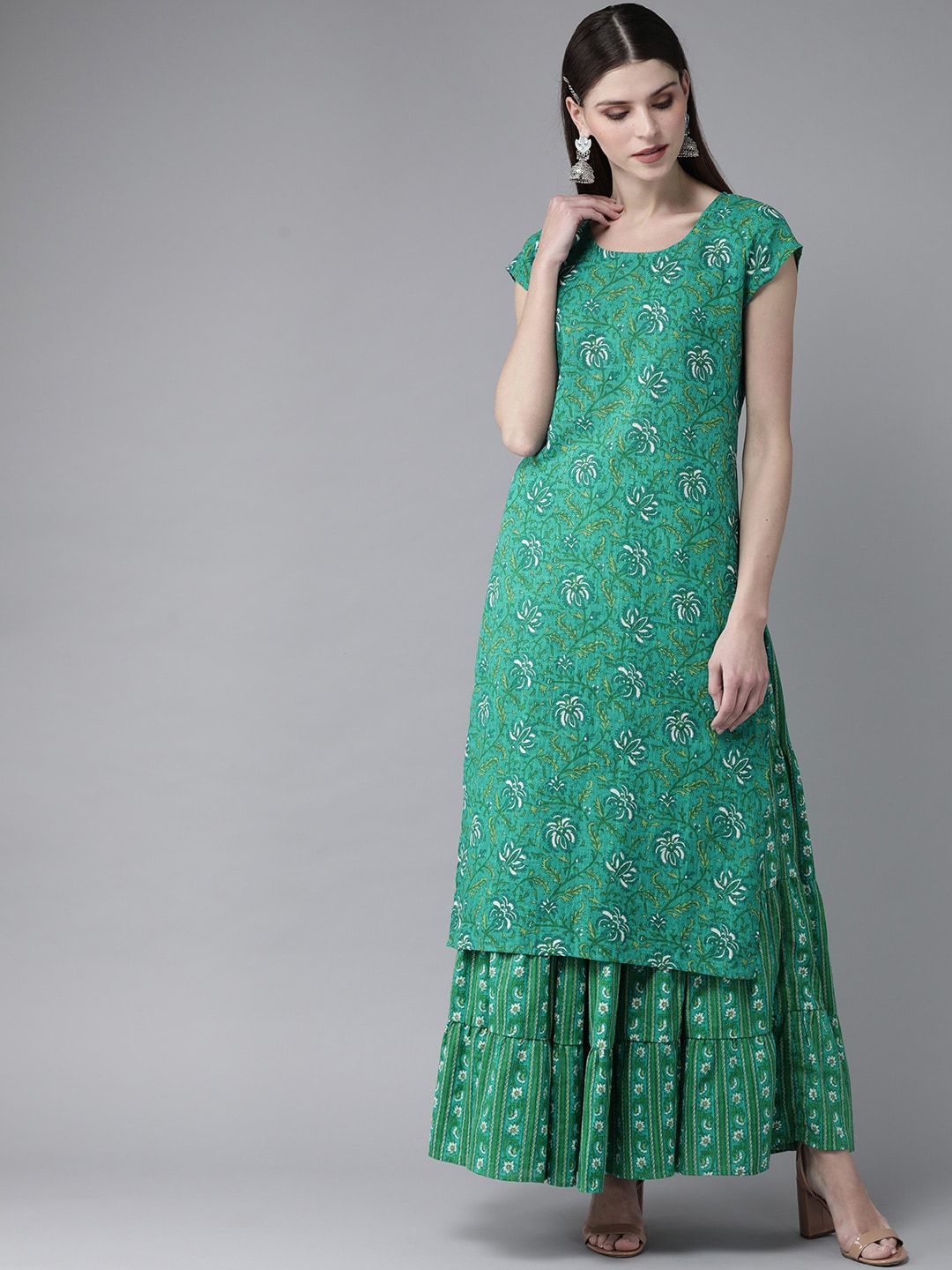 Women's  Green & Off-White Printed Kurta with Skirt