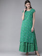 Women's  Green & Off-White Printed Kurta with Skirt