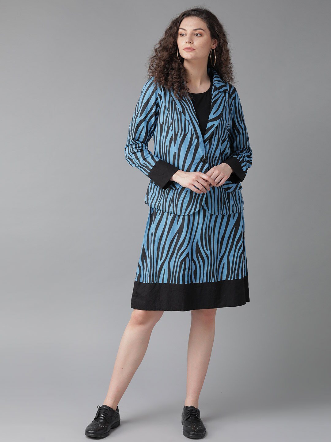 Women's  Blue & Black Animal Printed A-Line Dress with Jacket