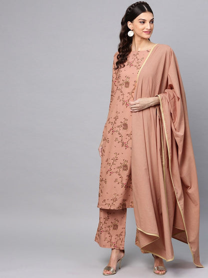 Women's  Brown Printed Kurta with Palazzos & Dupatta