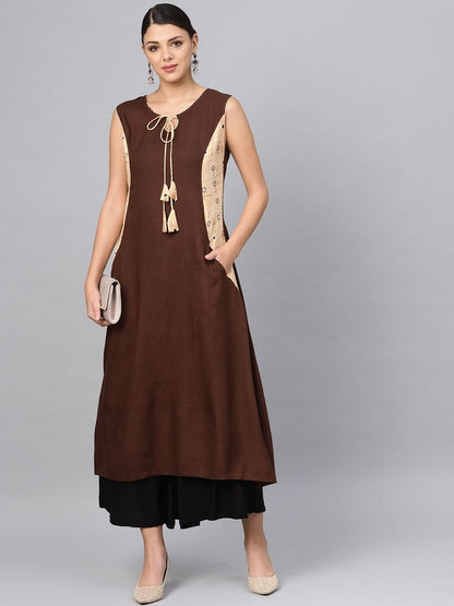 Women's Brown Solid A-Line Kurta