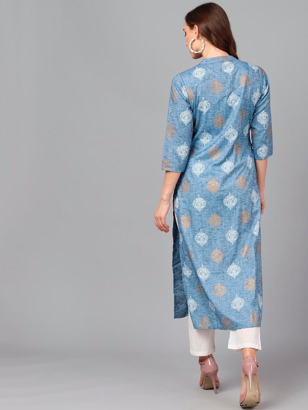 Women's  Blue & Gold-Toned Printed Straight Kurta
