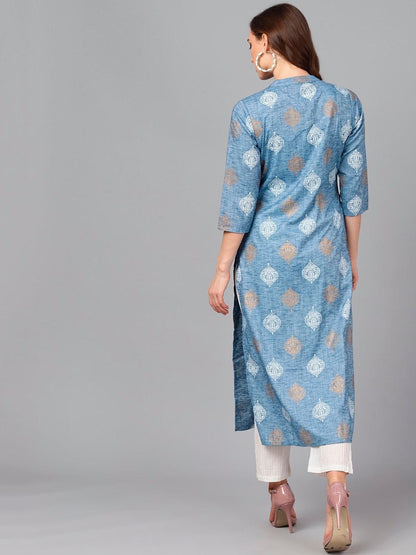 Women's  Blue & Gold-Toned Printed Straight Kurta