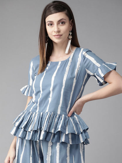 Women's  Blue & White Striped Ruffled A-Line Top