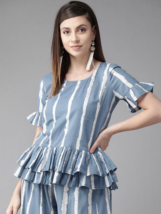 Women's  Blue & White Striped Ruffled A-Line Top