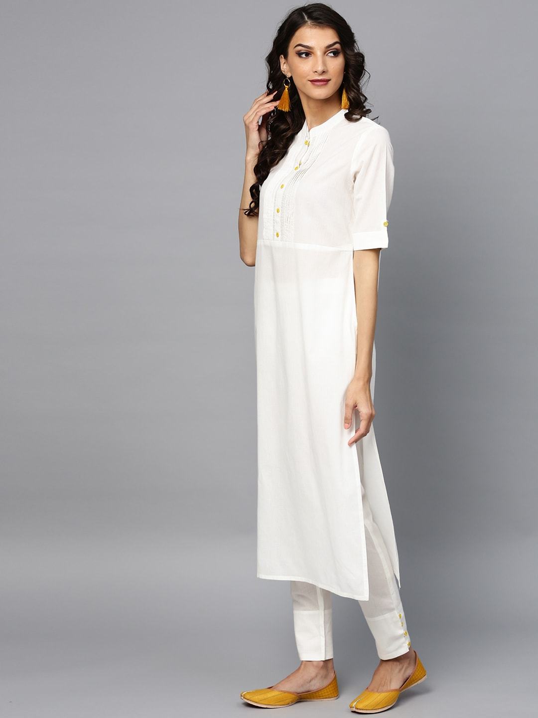 Women's  White & Yellow Solid Kurta with Trousers & Dupatta