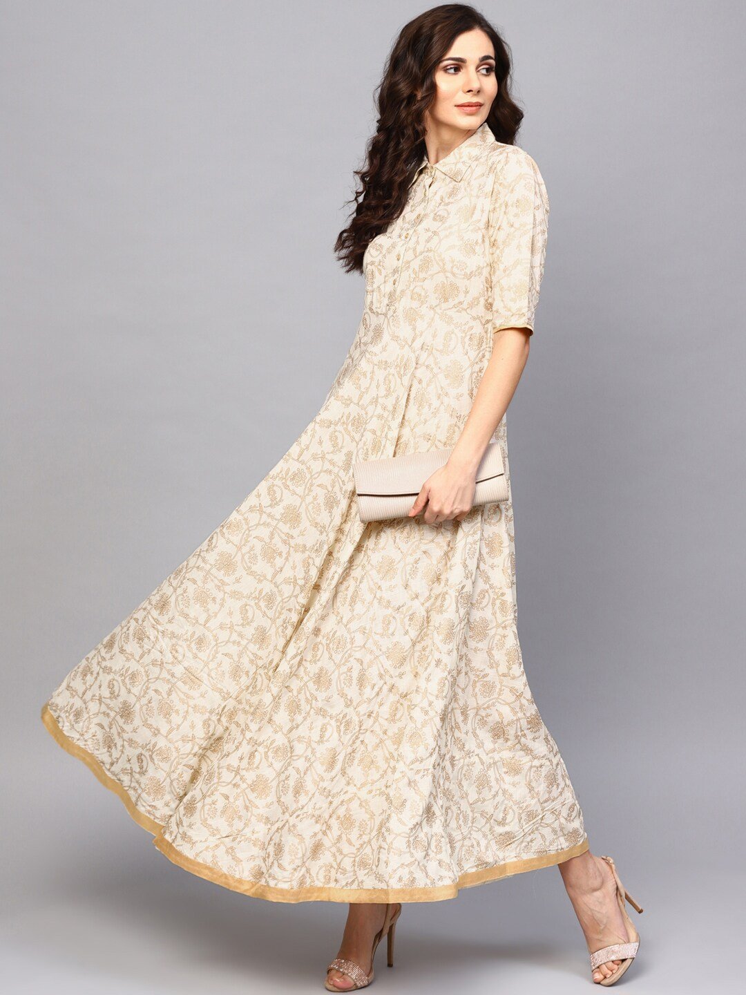 Women's  Off-White & Golden Printed Maxi Dress