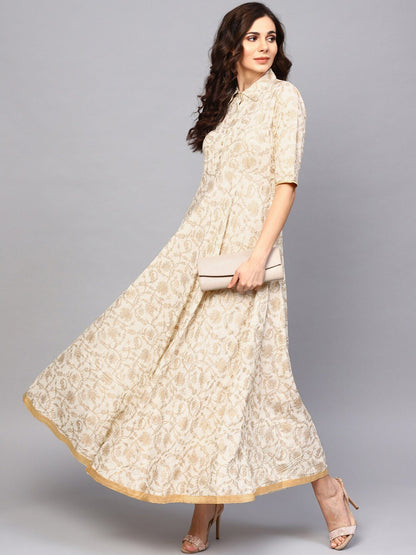 Women's  Off-White & Golden Printed Maxi Dress