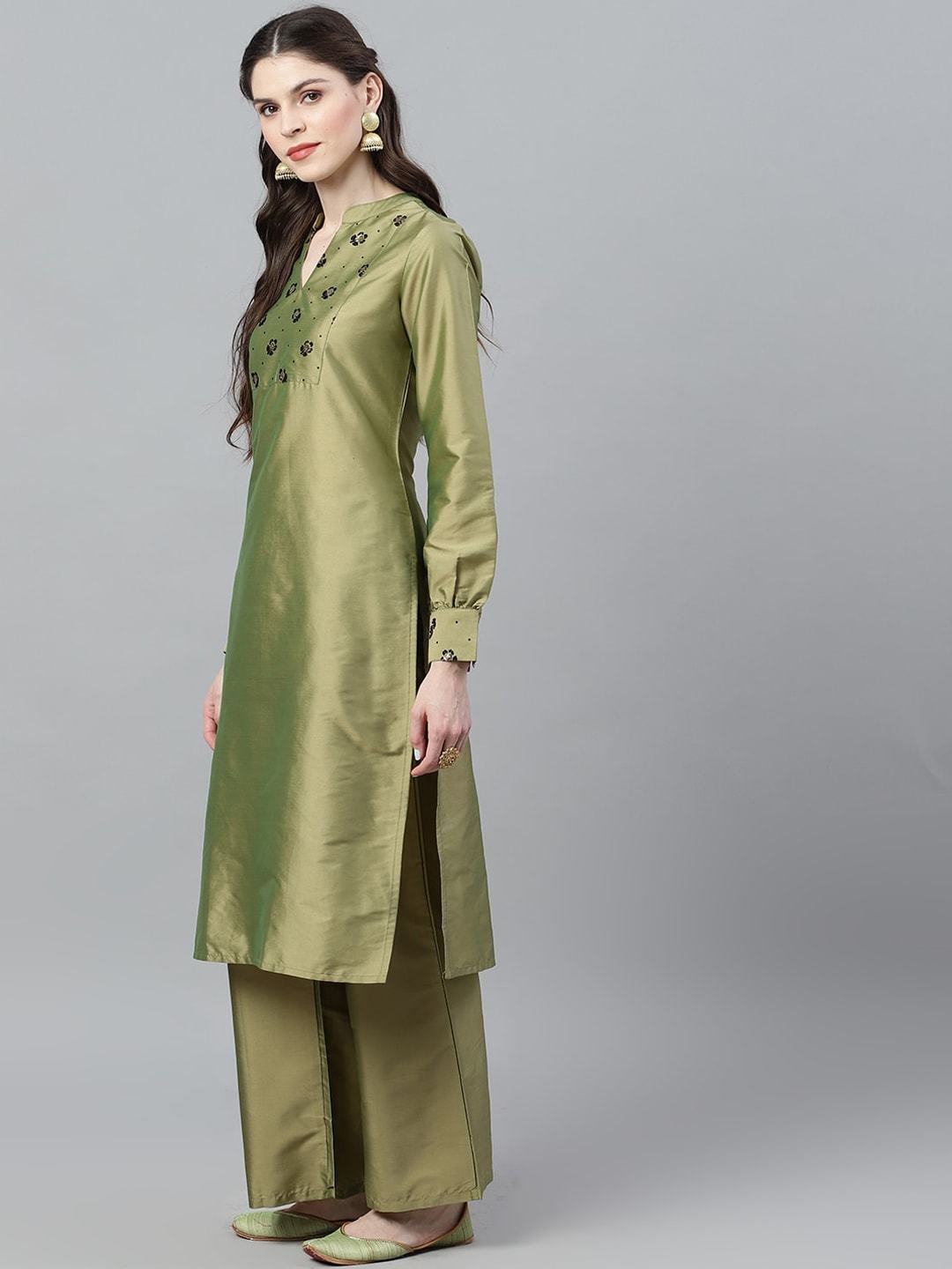 Women's  Green & Black Yoke Design Kurta with Palazzos