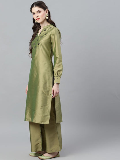 Women's  Green & Black Yoke Design Kurta with Palazzos
