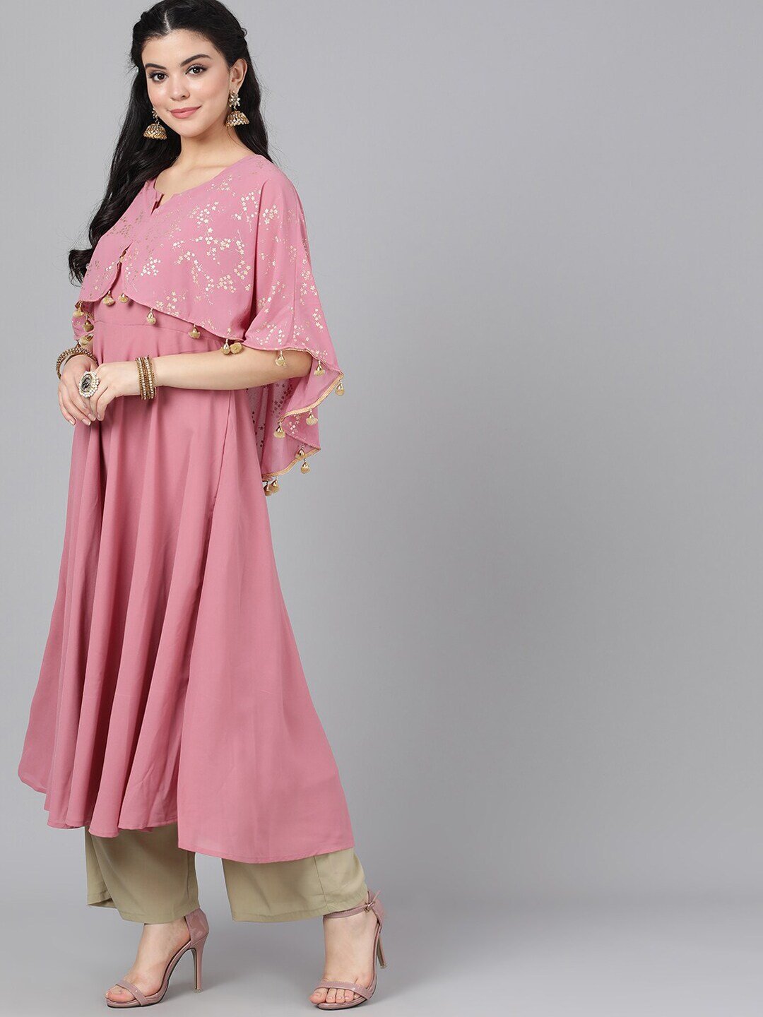 Women's  Mauve & Gold-Coloured Printed Anarkali Kurta