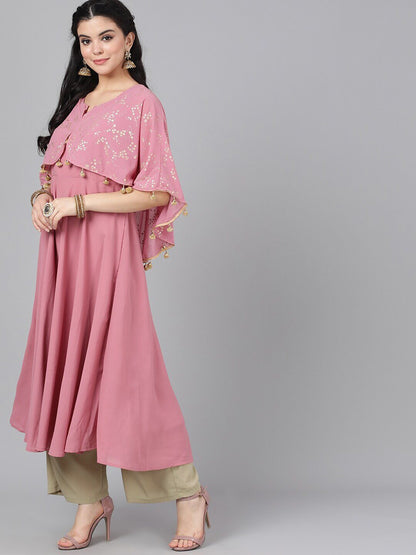 Women's  Mauve & Gold-Coloured Printed Anarkali Kurta