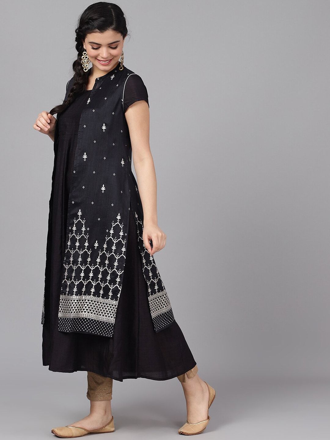 Women's  Black & Silver-Toned Embroidered Anarkali Kurta