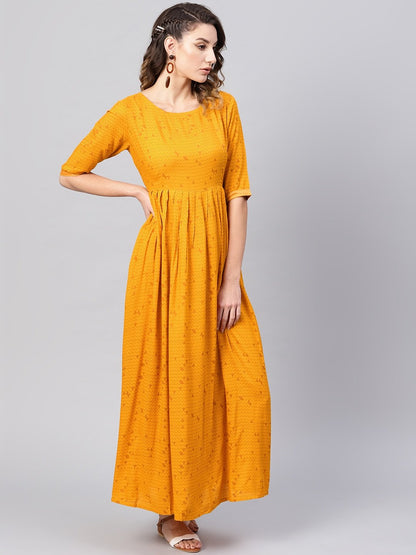 Women's  Mustard Yellow Printed Maxi Dress