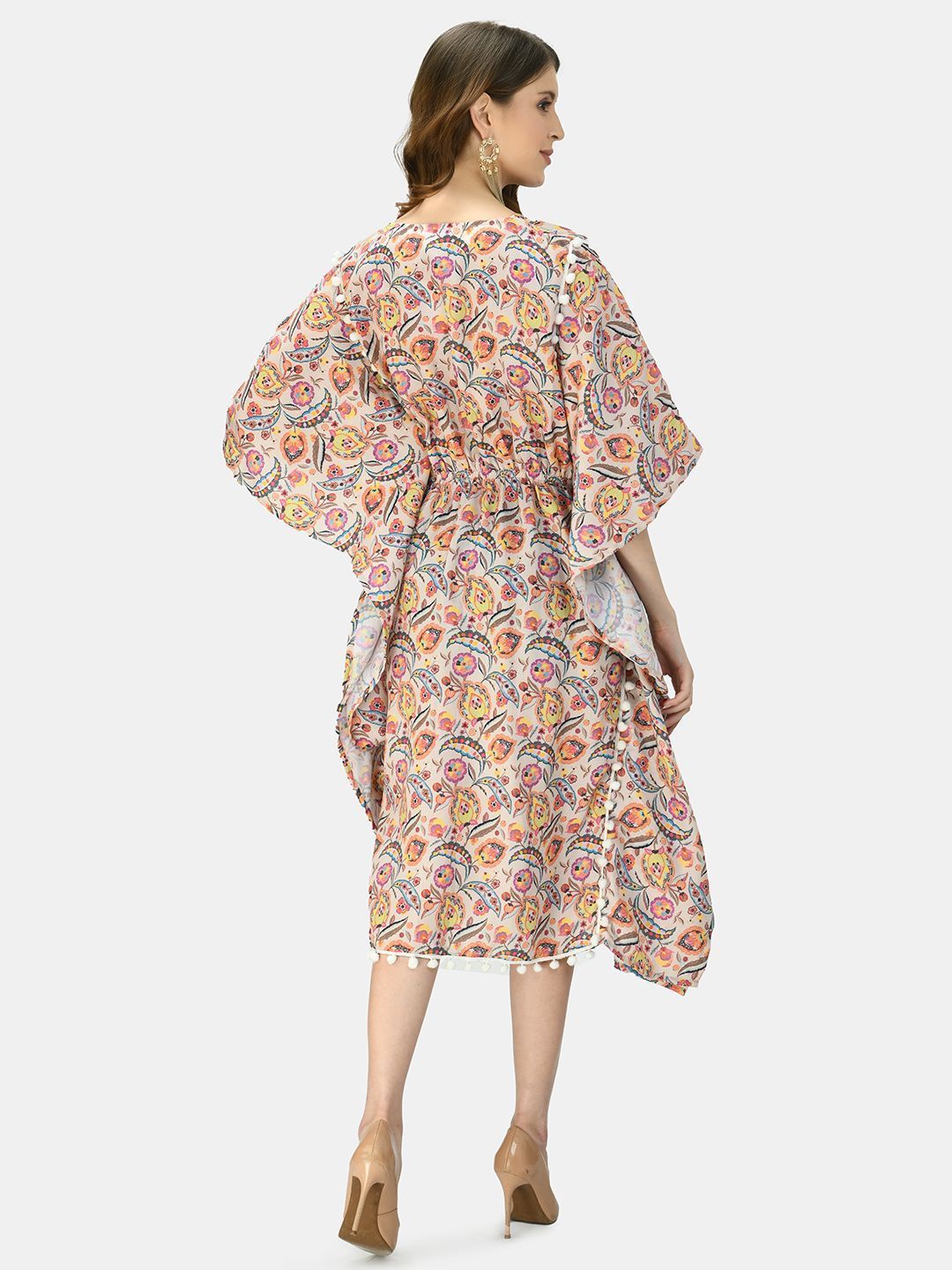 Women's Multicolor Silk Blend Printed Half Sleeve V Neck Casual Kaftaan