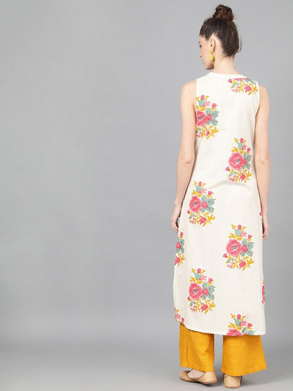 Women's  Off-White & Pink Printed Straight Kurta