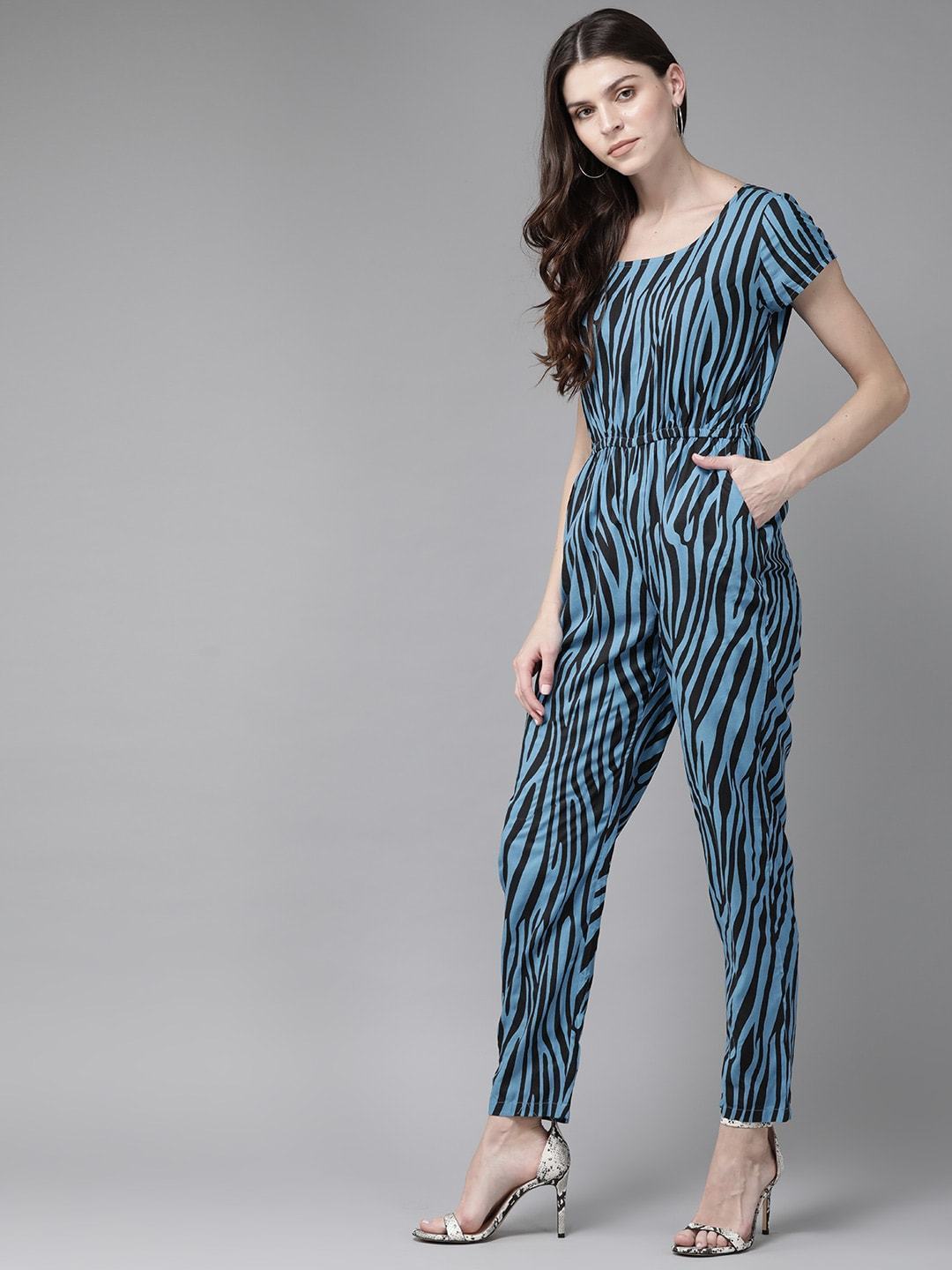 Women's  Blue & Black Animal Print Basic Jumpsuit