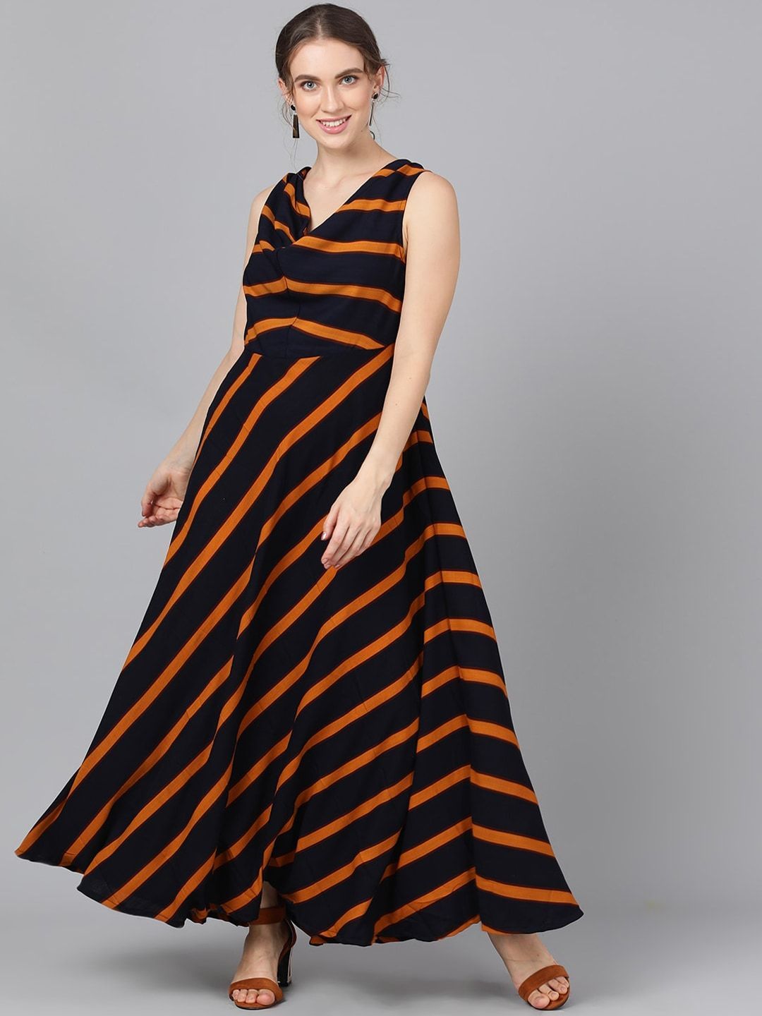 Women's  Navy Blue Striped Maxi Dress