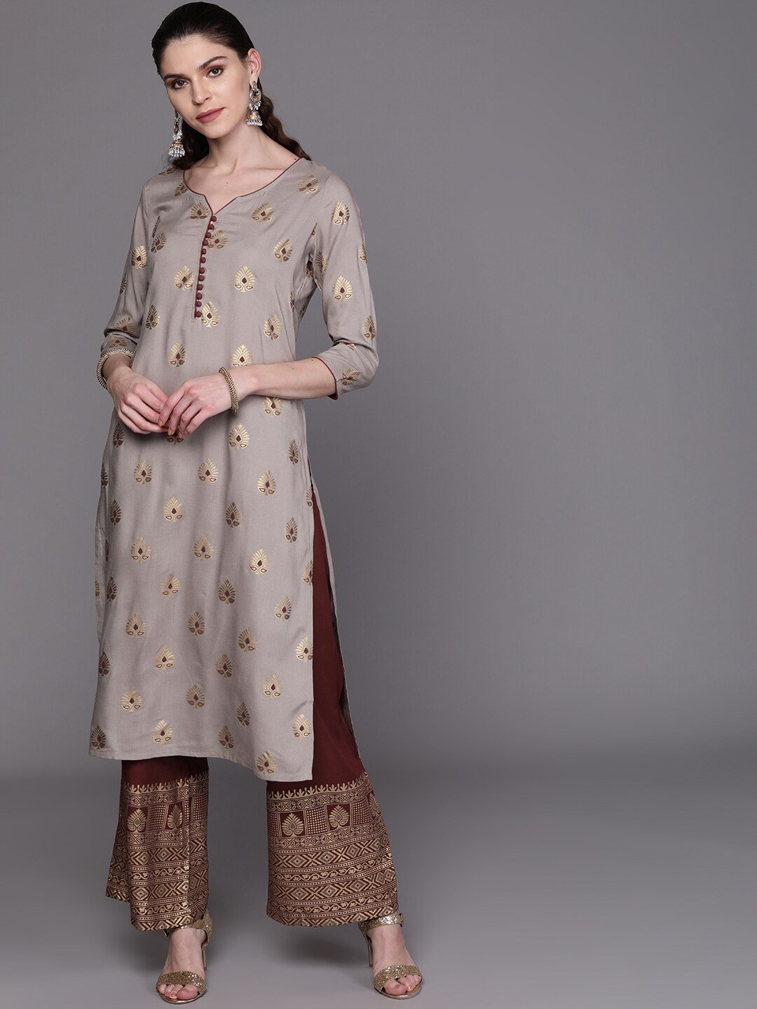 Women's  Grey & Maroon Printed Kurta with Palazzos