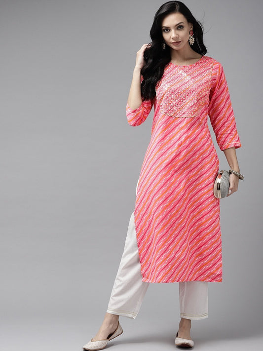 Women's Pink Bandhani Yoke Design Kurta Set