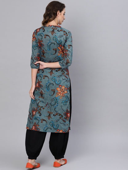 Women's  Blue & Black Printed Kurta with Trousers
