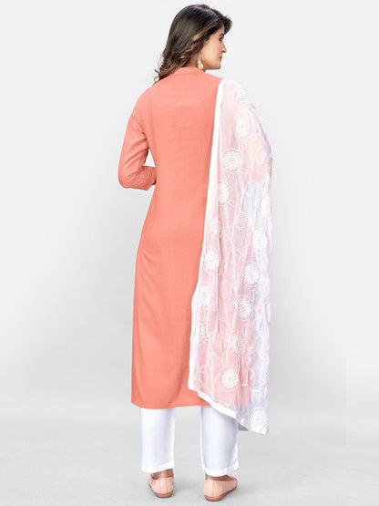 Women's Peach Rayon Kurta With Pant & Dupatta By Vbuyz (3