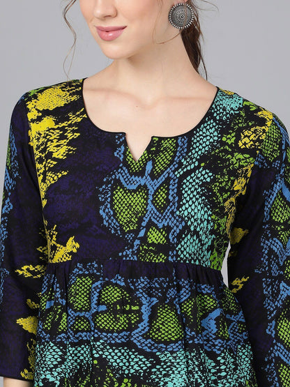 Women's  Navy Blue & Green Printed Anarkali Kurta