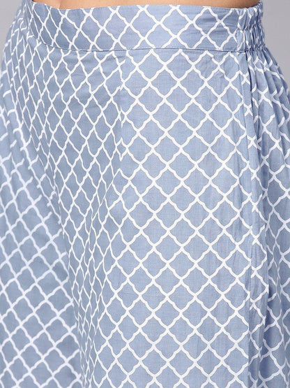 Women's  Blue & White Printed Kurta with Palazzos & Dupatta