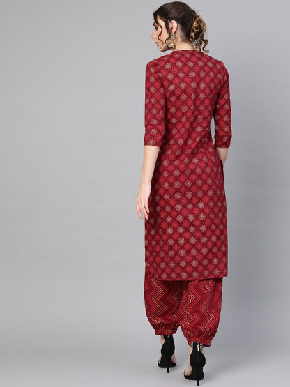 Women's  Maroon & Orange Printed Kurta with Trousers
