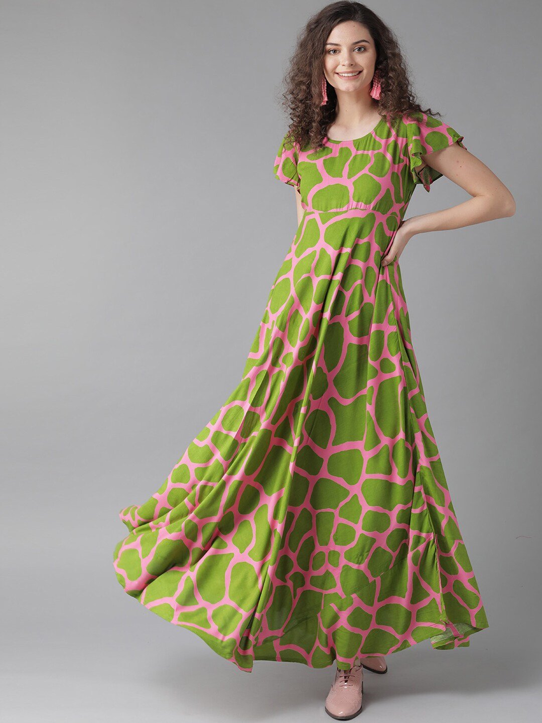 Women's  Green And Pink Printed Maxi Dress
