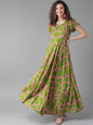 Women's  Green And Pink Printed Maxi Dress