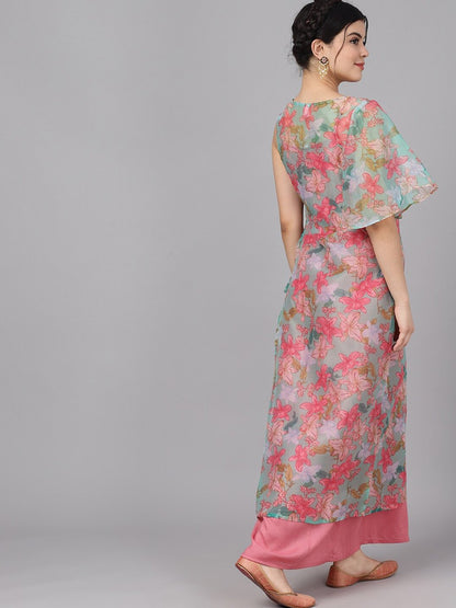 Women's  Pink Floral Print Layered Maxi Dress