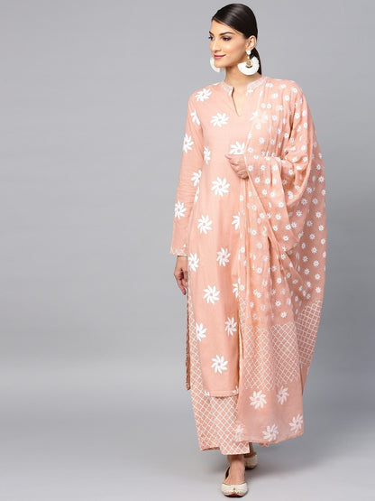 Women's  Peach-Coloured & White Khari Print Kurta with Palazzos & Dupatta