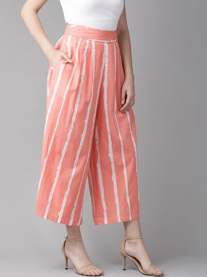 Women's  Pink & White Striped Flared Palazzos