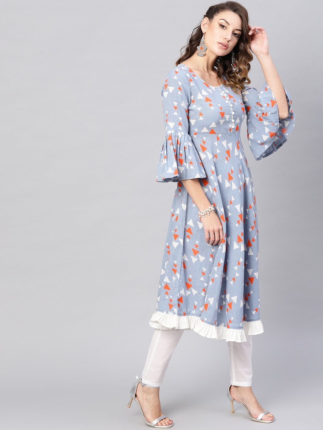 Women's  Blue & Orange Printed Anarkali Kurta