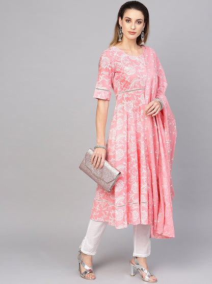 Women's  Pink & White Khari Print Kurta with Trousers & Dupatta