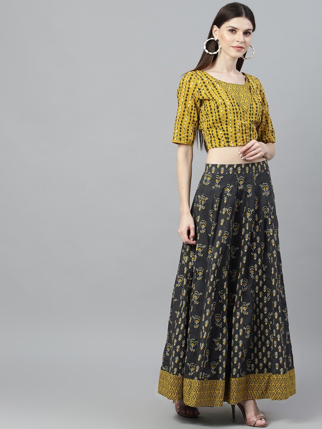 Women's Mustard & Grey Printed Lehenga Choli Se