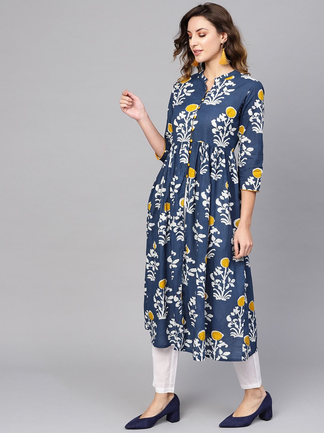 Women's  Navy Blue & Off-White Printed A-Line Kurta