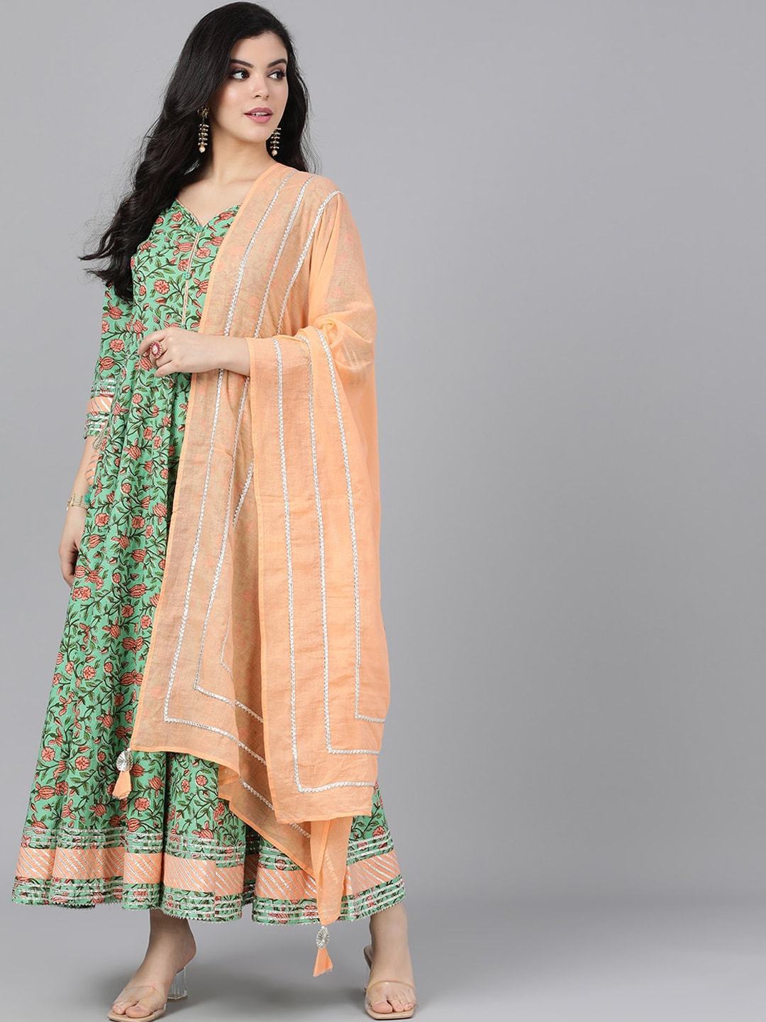 Women's  Green & Peach-Coloured Striped Anarkali Kurta