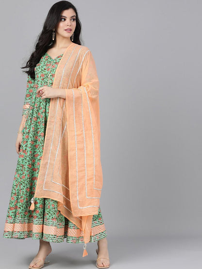 Women's  Green & Peach-Coloured Striped Anarkali Kurta