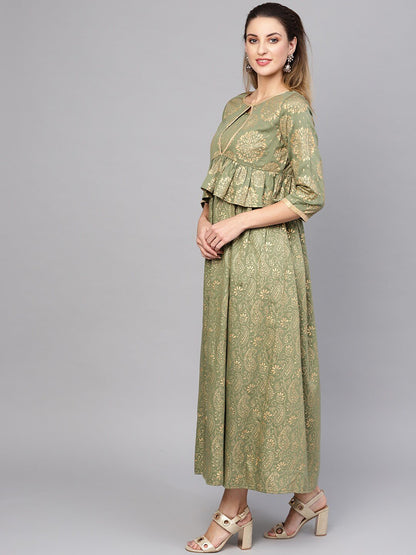 Women's  Olive Green & Golden Printed Layered Maxi Dress