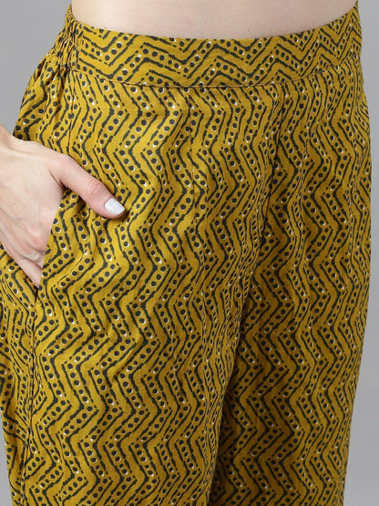 Women's Mustard & Grey Printed Top & Capri With Jacket