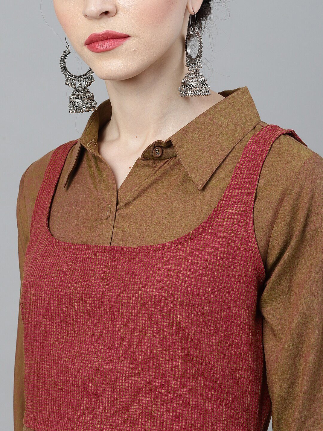 Women's  Olive Green & Maroon Colourblocked Anarkali Kurta