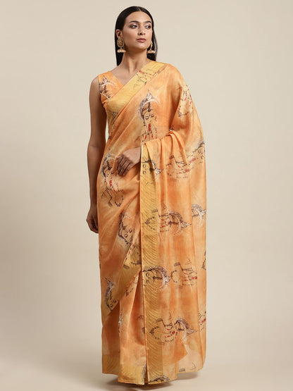 Women's Orange Chanderi Digital Printed Saree