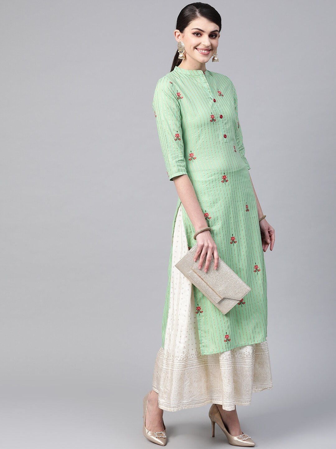 Women's Green & Golden Striped Straight Kurta